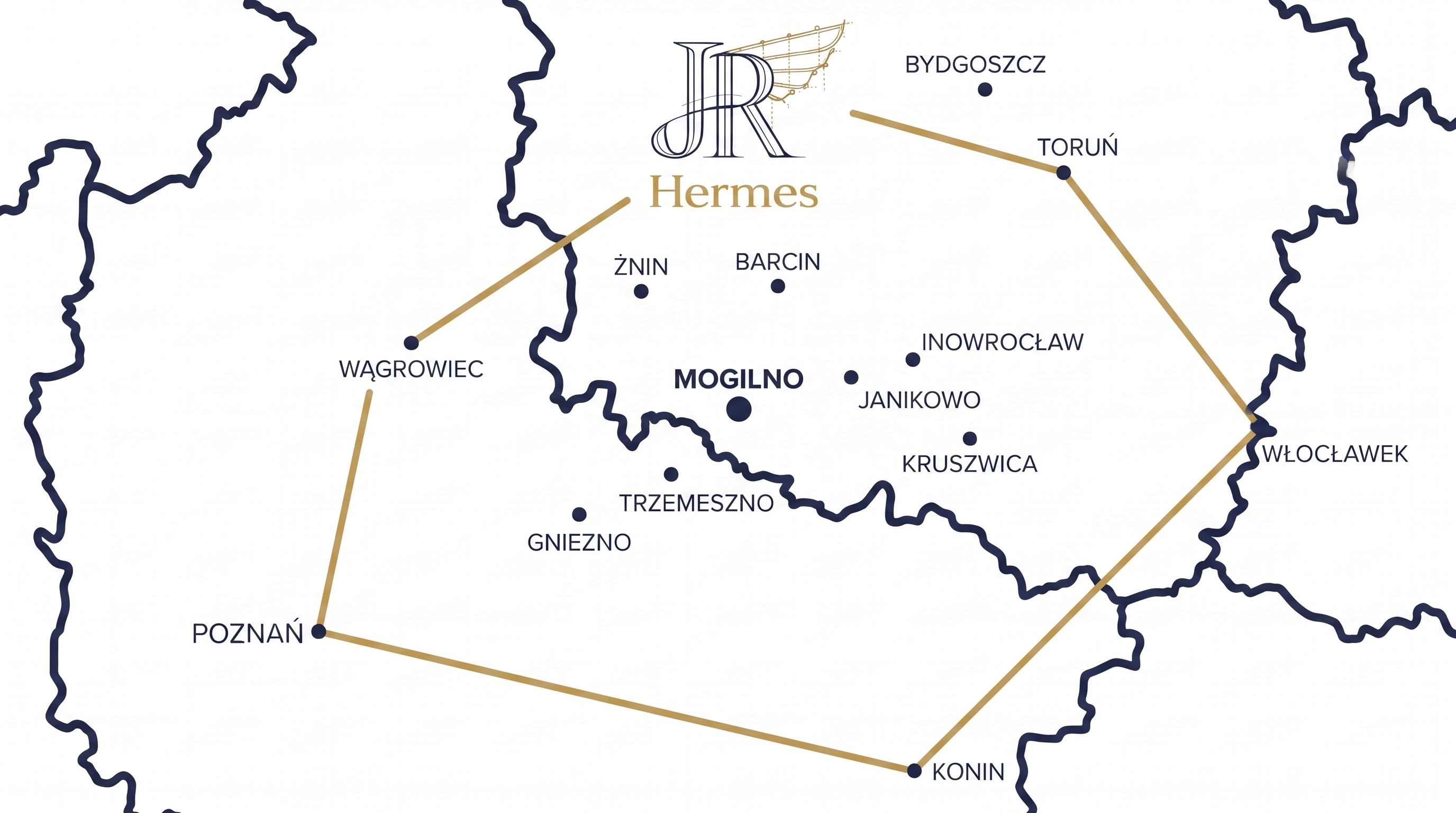Mapa obszaru działania JR Hermes: Poznań, Bydgoszcz, Toruń, Włocławek, Konin oraz Wągrowiec, Żnin, Barcin, Inowrocław, Janikowo, Gniezno, Mogilno, Trzemeszno, Kruszwica